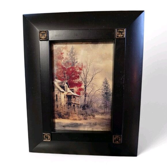 Photo Frame Black Wood 4x6 Easel Hang Portrait Landscape Medallion Accent - Picture 2 of 15